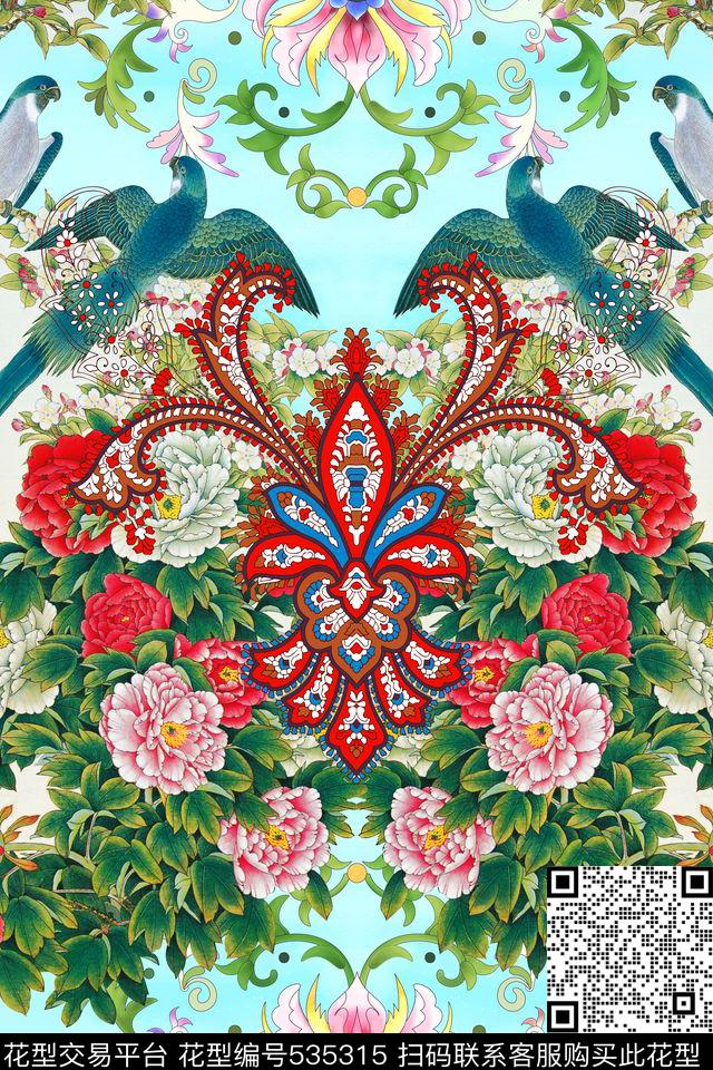 中国风定位牡丹数码印花华亿平台下载（图片编号: 535315） - 瓦栏（Walan）