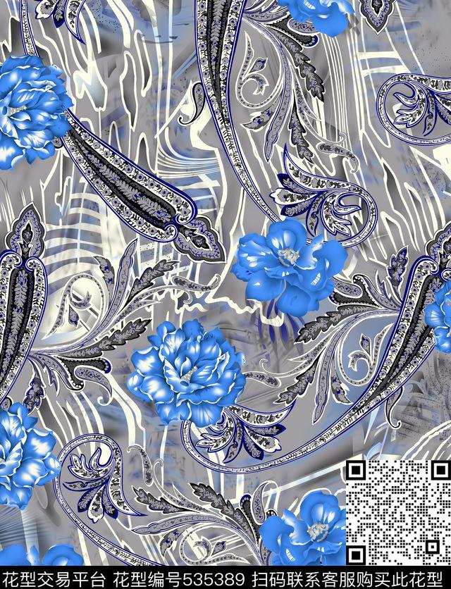 线条几何花卉花纹传统印花华亿平台下载（图片编号: 535389） - 瓦栏（Walan）