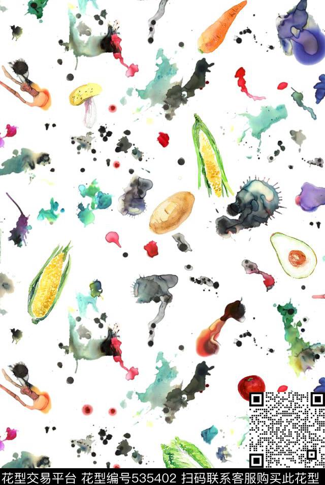 水墨蔬菜土豆数码印花华亿平台下载（图片编号: 535402） - 瓦栏（Walan）
