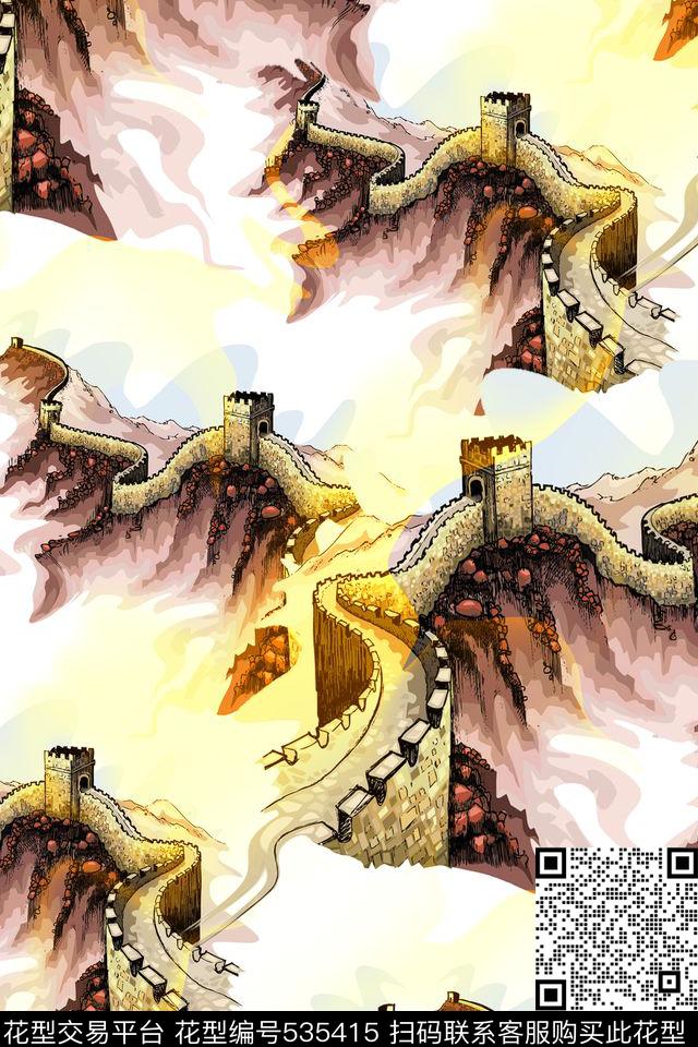 长城水墨风中国风数码印花华亿平台下载（图片编号: 535415） - 瓦栏（Walan）