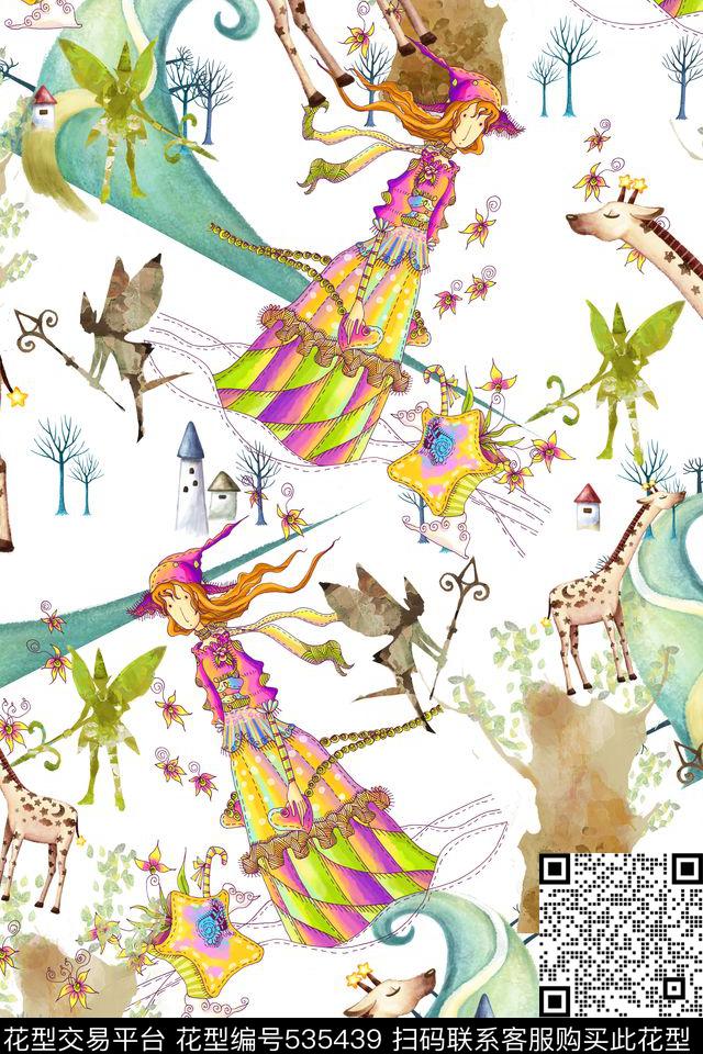 卡通女孩长颈鹿数码印花华亿平台下载（图片编号: 535439） - 瓦栏（Walan）