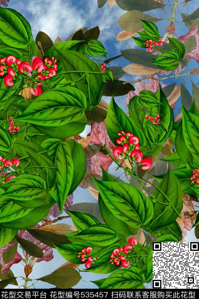 树叶花卉天空数码印花华亿平台下载（图片编号: 535457） - 瓦栏（Walan）