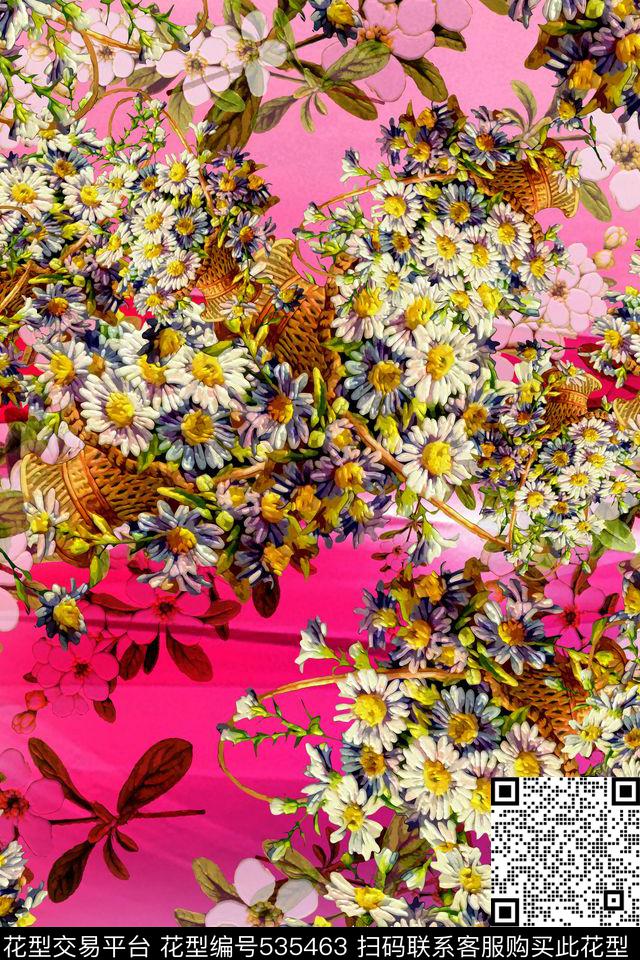 红底黄菊花蓝装数码印花华亿平台下载（图片编号: 535463） - 瓦栏（Walan）