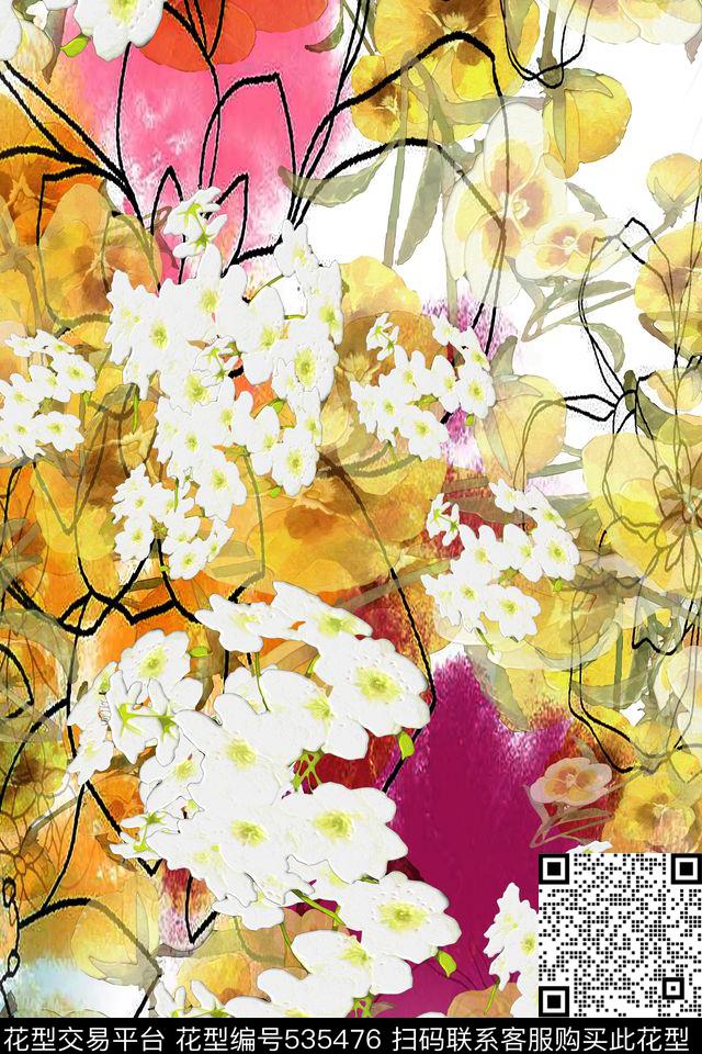 叠加花卉小百花数码印花华亿平台下载（图片编号: 535476） - 瓦栏（Walan）
