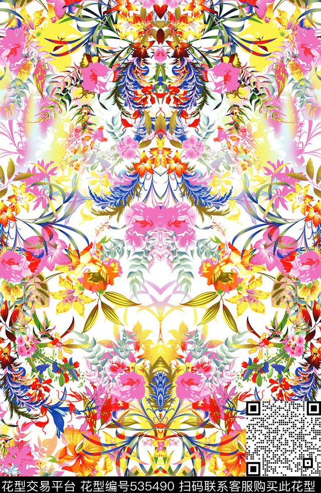 白底小叶花对称花花卉数码印花华亿平台下载（图片编号: 535490） - 瓦栏（Walan）
