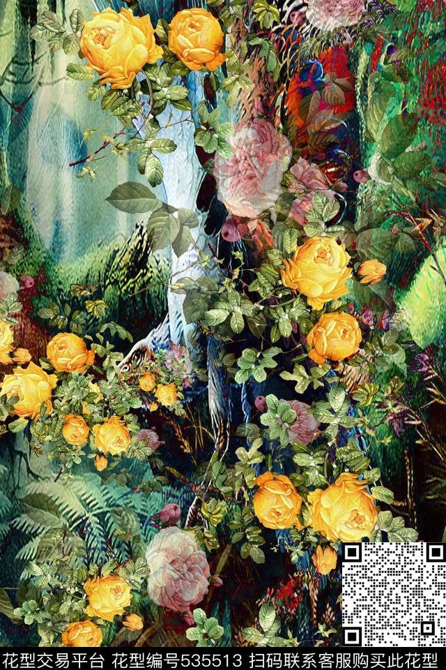 森林风花卉连衣裙复古花卉数码印花华亿平台下载（图片编号: 535513） - 瓦栏（Walan）