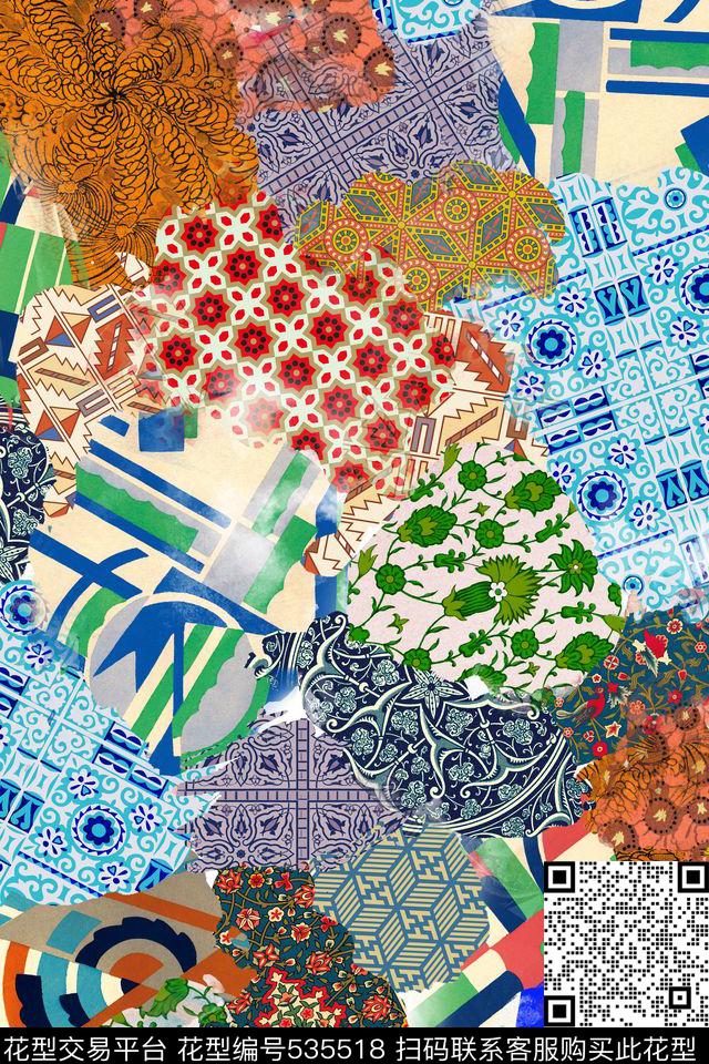 民族风折衷拼接民族花纹数码印花华亿平台下载（图片编号: 535518） - 瓦栏（Walan）