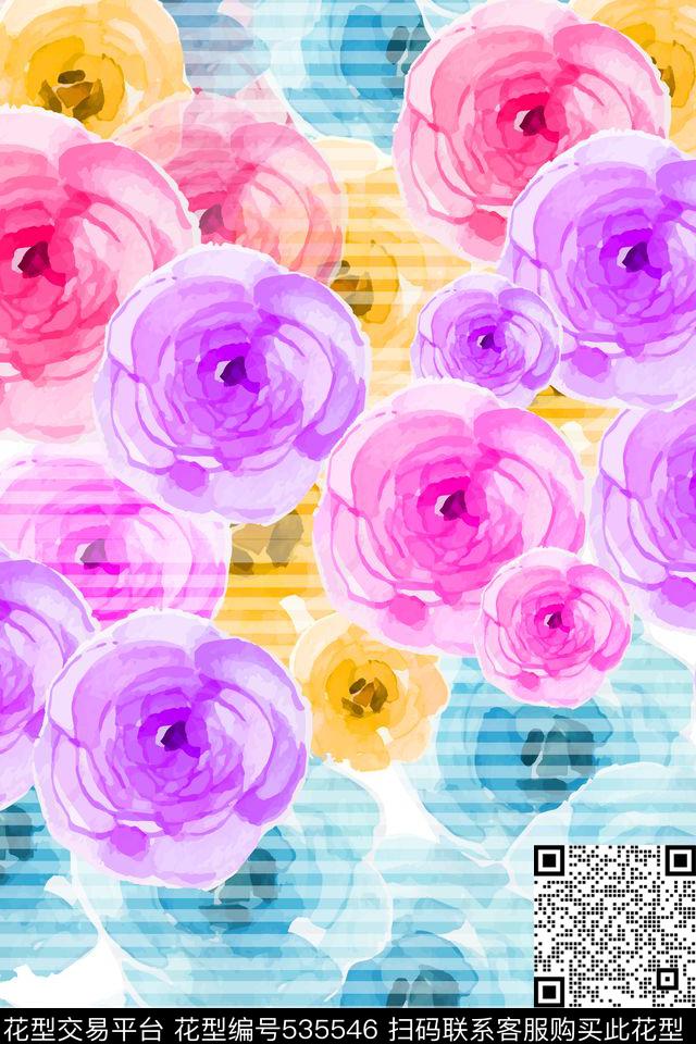 手绘花朵水彩玫瑰清新淡雅数码印花华亿平台下载（图片编号: 535546） - 瓦栏（Walan）