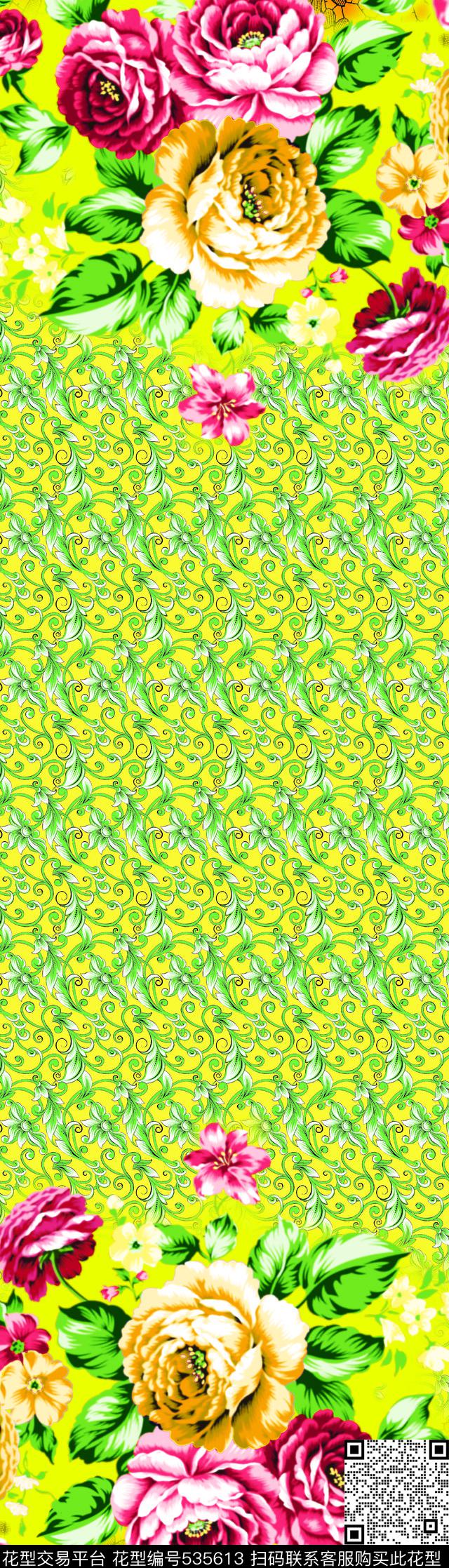 潮流手绘花卉抽象格纹数码印花华亿平台下载（图片编号: 535613） - 瓦栏（Walan）