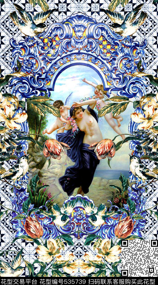 欧式几何格子人物数码印花华亿平台下载（图片编号: 535739） - 瓦栏（Walan）