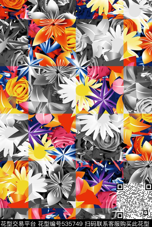 格子花朵几何数码印花华亿平台下载（图片编号: 535749） - 瓦栏（Walan）