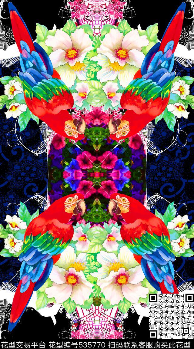 抽象花卉鸟数码印花华亿平台下载（图片编号: 535770） - 瓦栏（Walan）