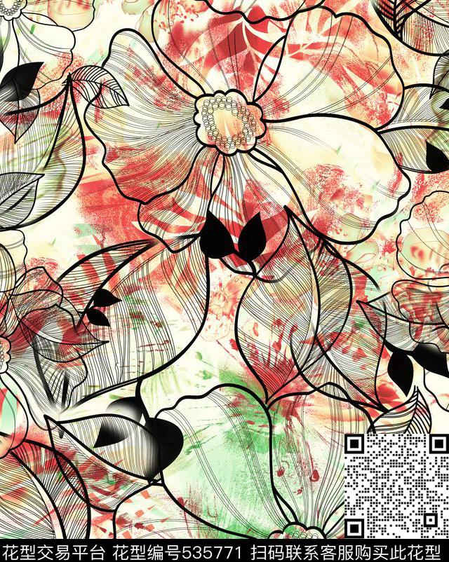 休闲风大花朵线条数码印花华亿平台下载（图片编号: 535771） - 瓦栏（Walan）