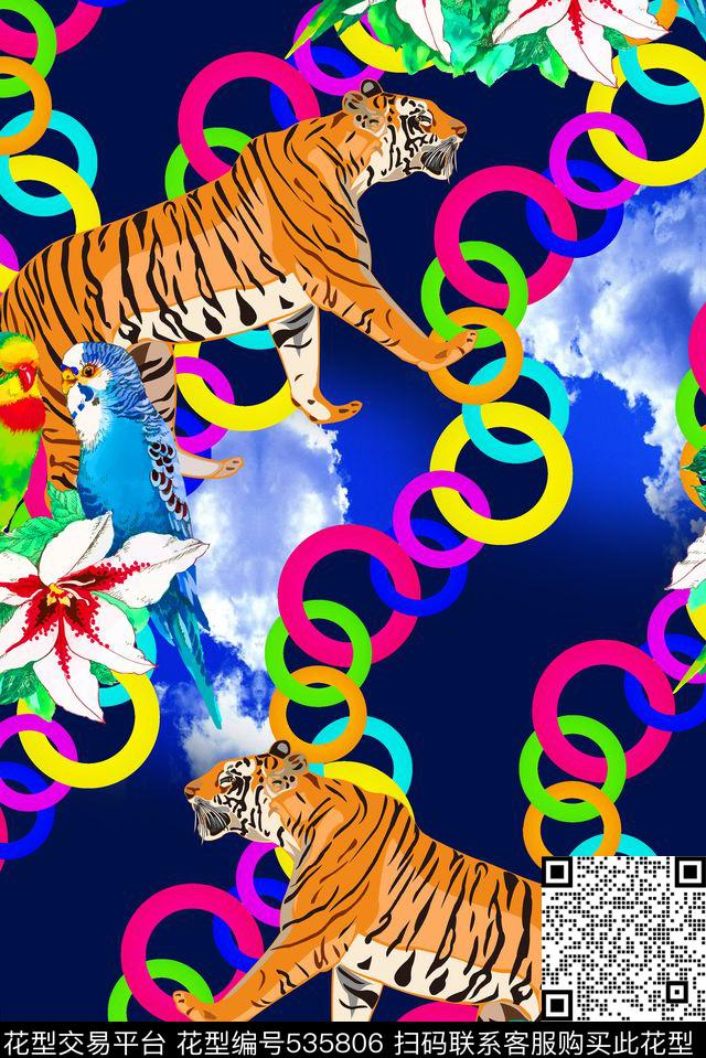 抽象彩色圈圈花鸟数码印花华亿平台下载（图片编号: 535806） - 瓦栏（Walan）