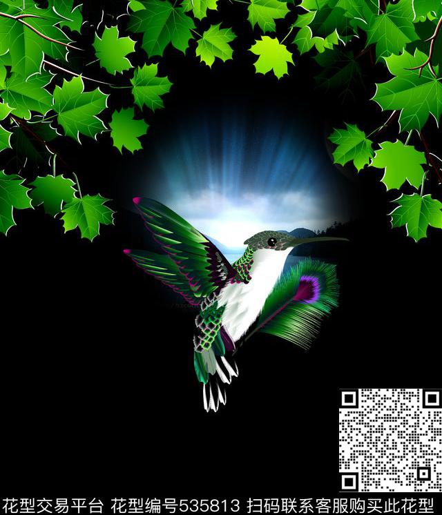 抽象树叶彩色飞鸟数码印花华亿平台下载（图片编号: 535813） - 瓦栏（Walan）