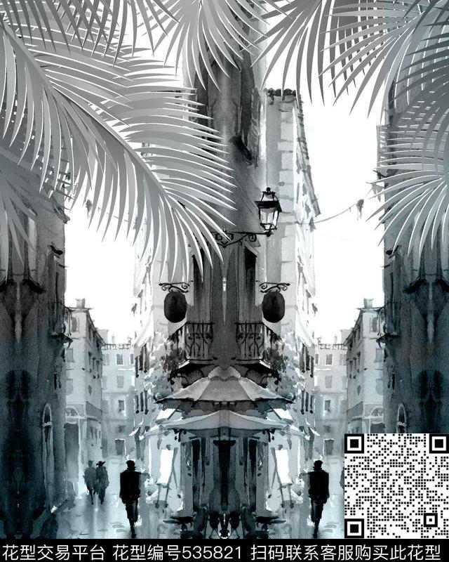 抽象城市街景树叶数码印花华亿平台下载（图片编号: 535821） - 瓦栏（Walan）