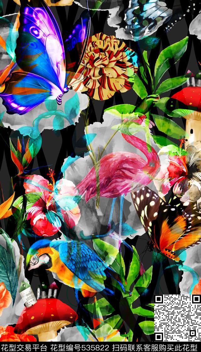 抽象蝴蝶花卉数码印花华亿平台下载（图片编号: 535822） - 瓦栏（Walan）