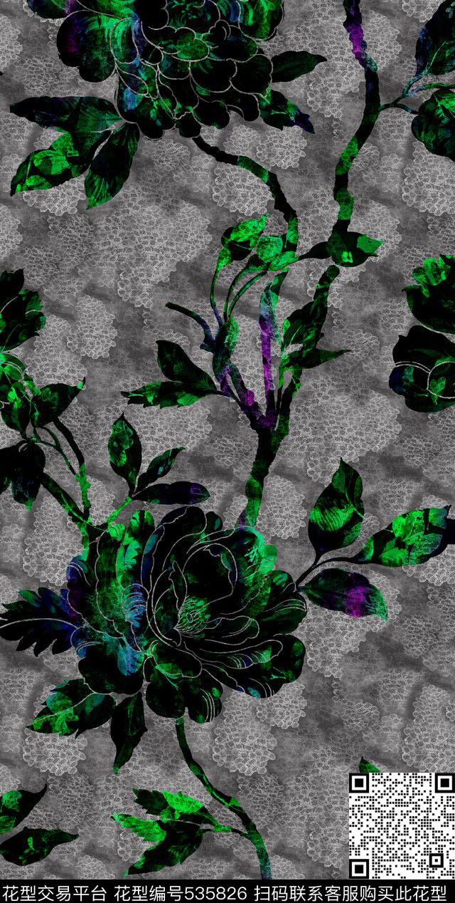 时尚流行中性小缠枝花卉数码印花华亿平台下载（图片编号: 535826） - 瓦栏（Walan）
