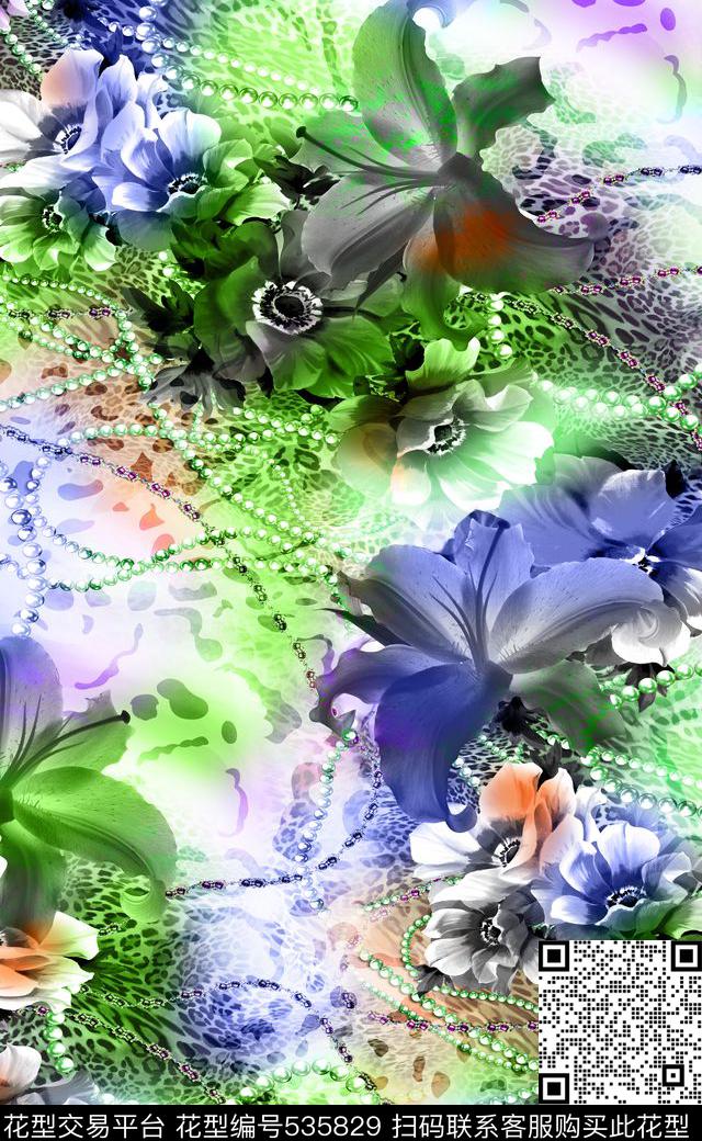 炫彩珍珠宝石豹纹花卉花卉数码印花华亿平台下载（图片编号: 535829） - 瓦栏（Walan）