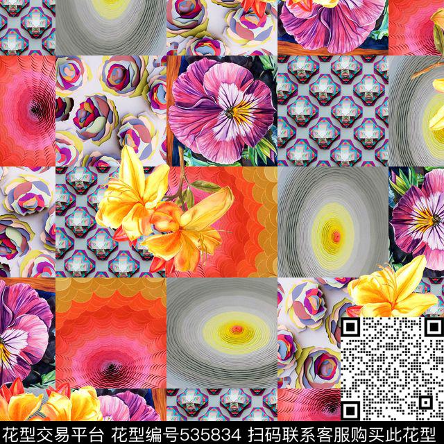 时尚潮流格纹花卉数码印花华亿平台下载（图片编号: 535834） - 瓦栏（Walan）