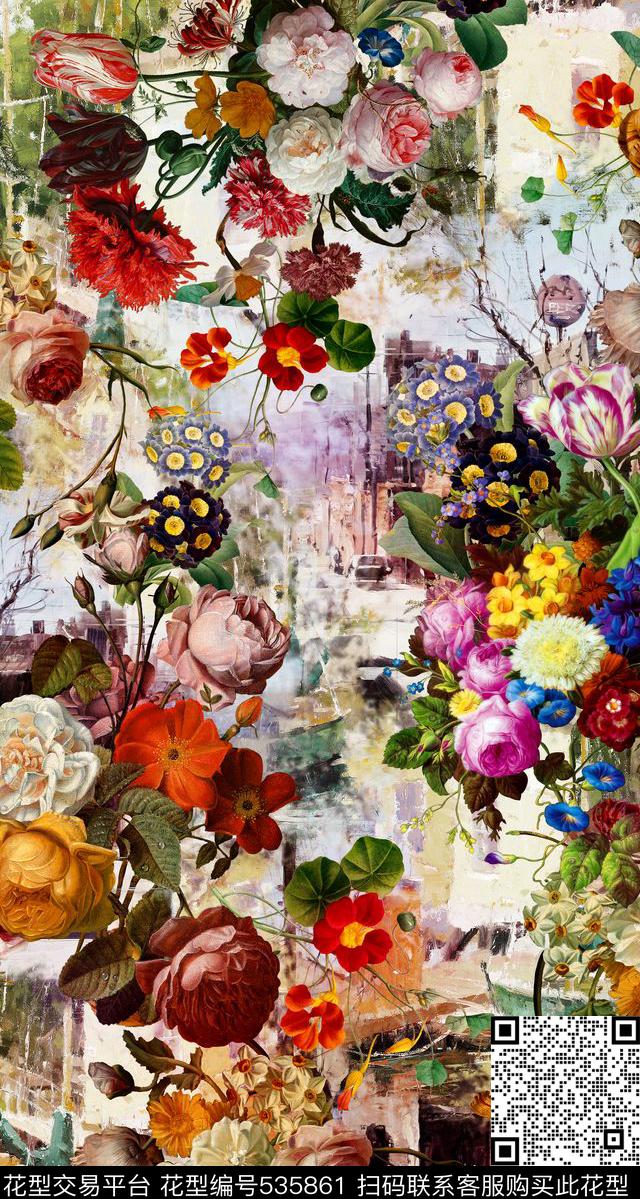 风景画油画花卉绚彩组合数码印花华亿平台下载（图片编号: 535861） - 瓦栏（Walan）