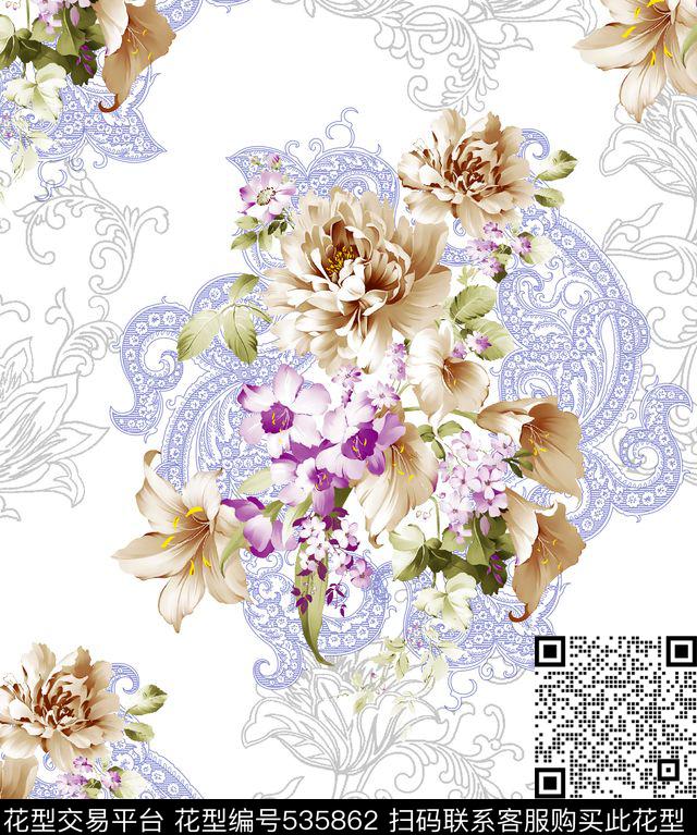 花卉古典欧式数码印花华亿平台下载（图片编号: 535862） - 瓦栏（Walan）