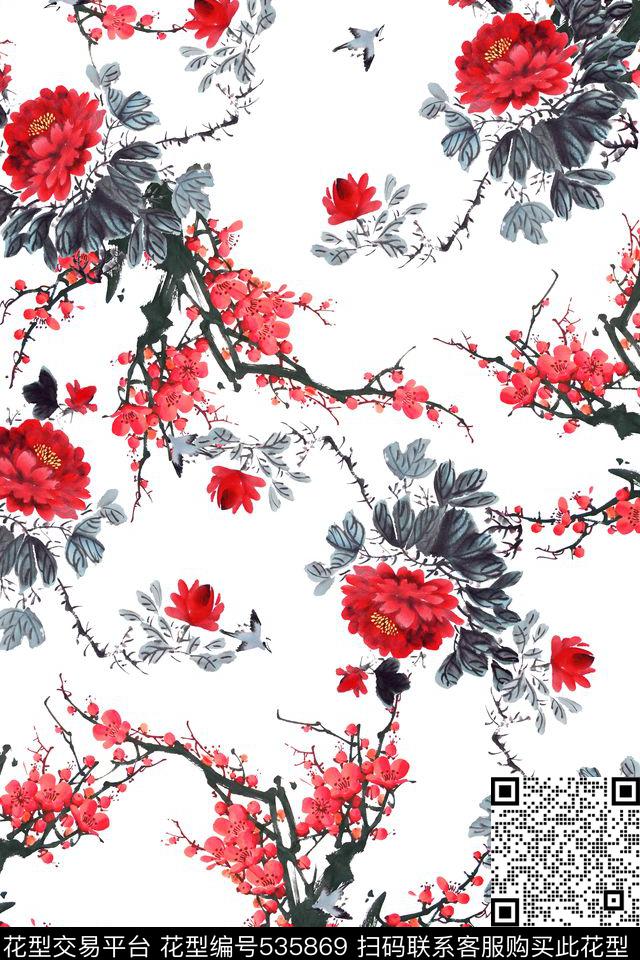 梅花牡丹女装传统印花华亿平台下载（图片编号: 535869） - 瓦栏（Walan）