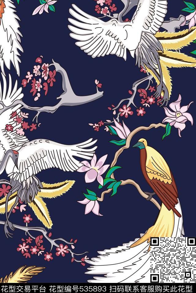 传统印花仙鹤枝条传统印花华亿平台下载（图片编号: 535893） - 瓦栏（Walan）