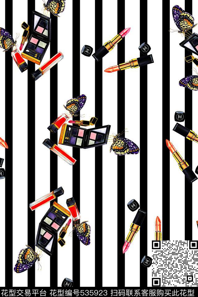 黑白线条化妆品蝴蝶时尚简约数码印花华亿平台下载（图片编号: 535923） - 瓦栏（Walan）