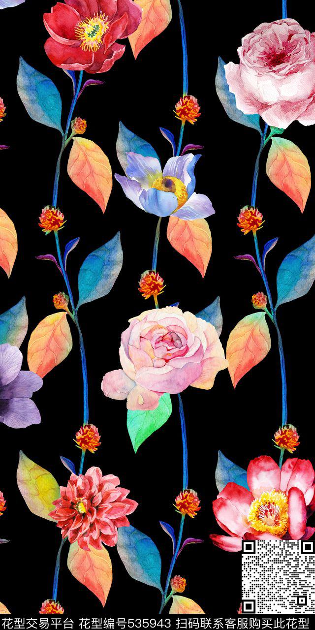 花卉玫瑰竖条数码印花华亿平台下载（图片编号: 535943） - 瓦栏（Walan）