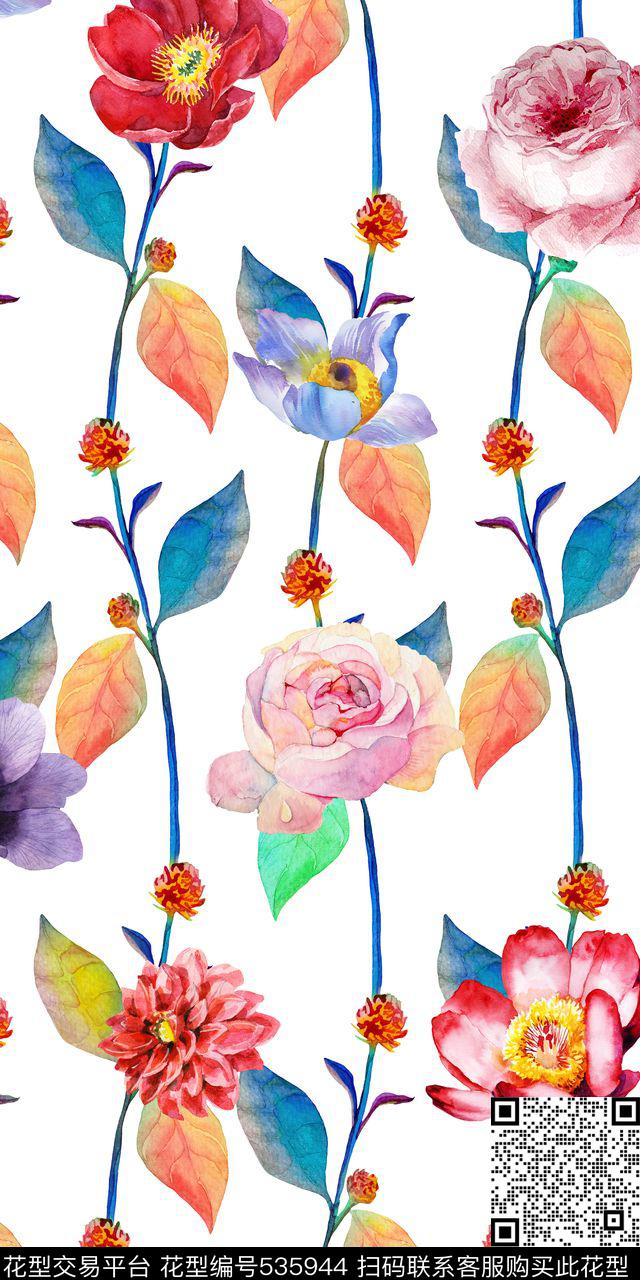花卉玫瑰竖条数码印花华亿平台下载（图片编号: 535944） - 瓦栏（Walan）