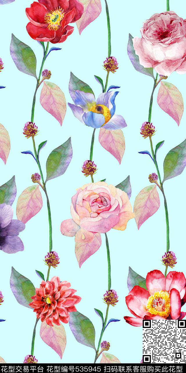 花卉玫瑰竖条数码印花华亿平台下载（图片编号: 535945） - 瓦栏（Walan）