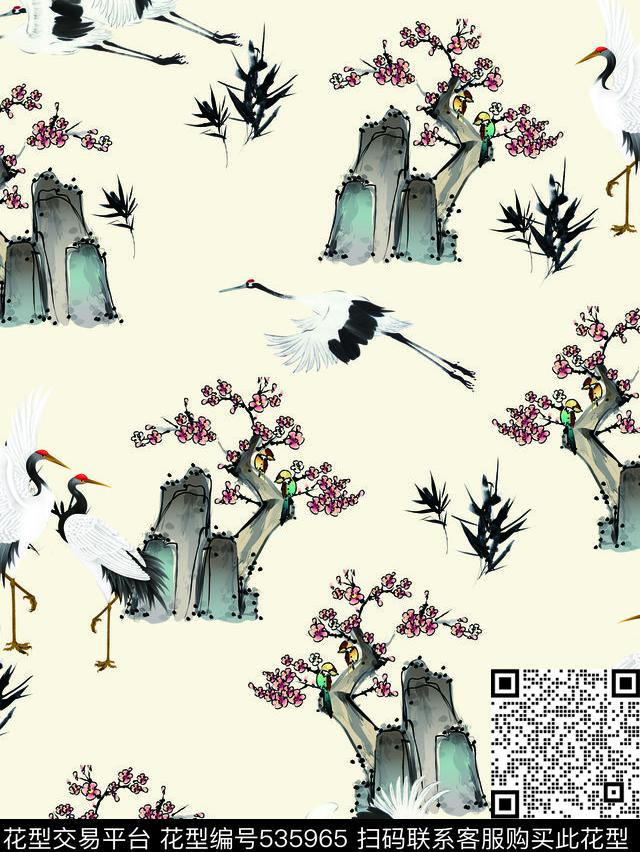 复古中国风梅花仙鹤中国风假山梅花仙鹤动物华亿平台动物纹数码印花华亿平台下载（图片编号: 535965） - 瓦栏（Walan）