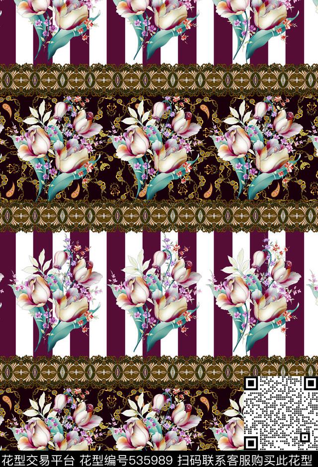 世界风手绘欧美条子手绘花数码印花华亿平台下载（图片编号: 535989） - 瓦栏（Walan）
