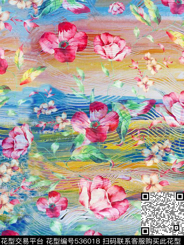 流行时尚油画背景手绘花卉服装流行时尚数码印花华亿平台下载（图片编号: 536018） - 瓦栏（Walan）