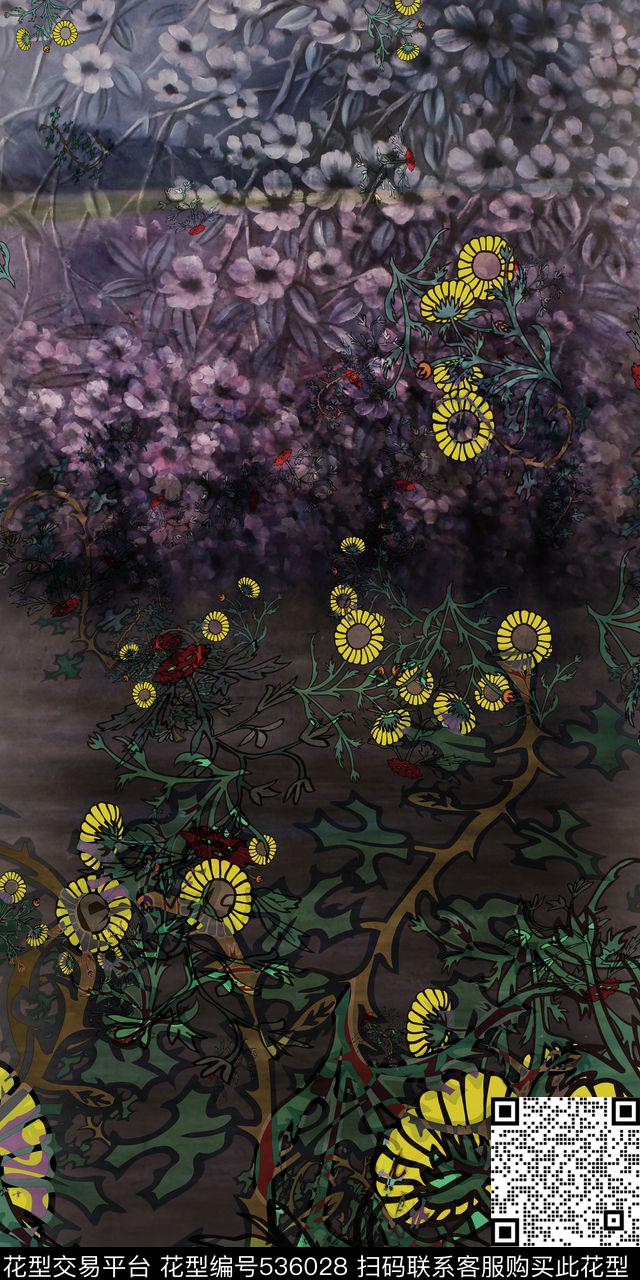 暗色系抽象定位花数码印花华亿平台下载（图片编号: 536028） - 瓦栏（Walan）