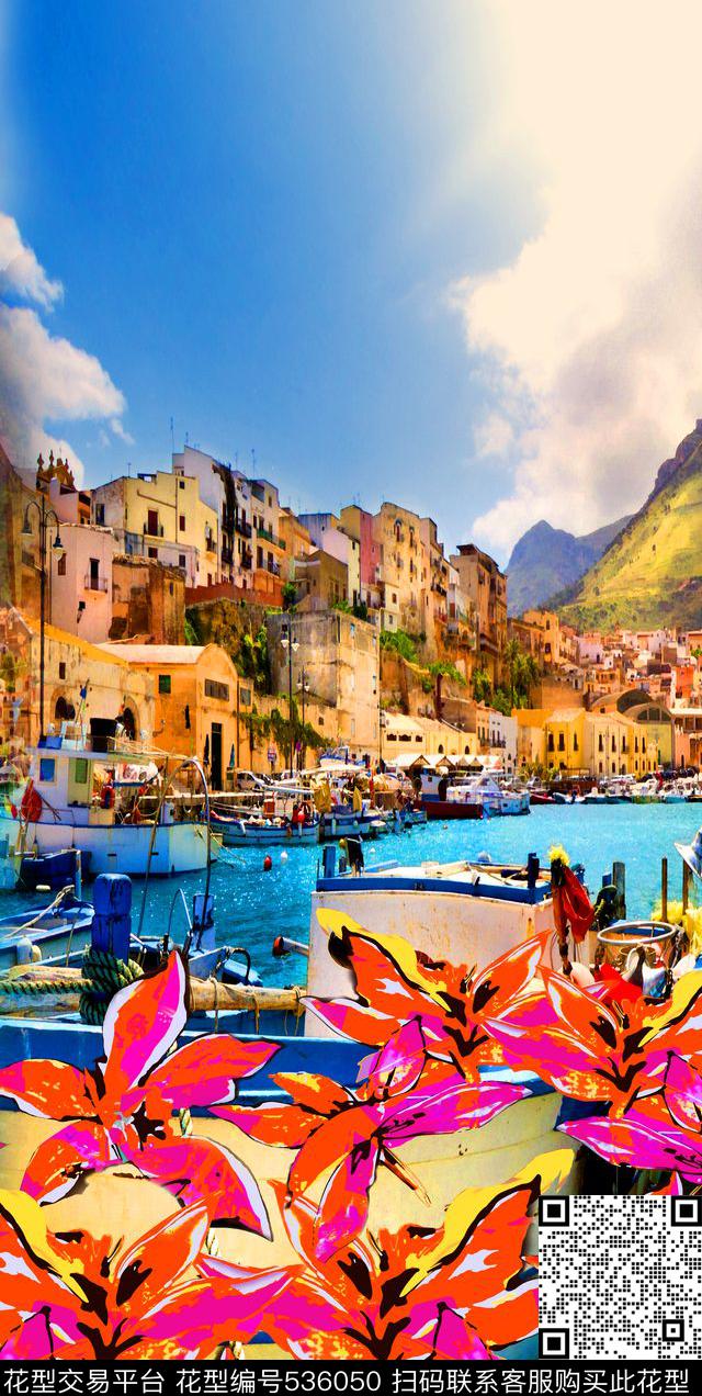 度假威尼斯建筑杜嘉班纳花卉威尼斯水城手绘花卉海边度假游艇数码印花华亿平台下载（图片编号: 536050） - 瓦栏（Walan）