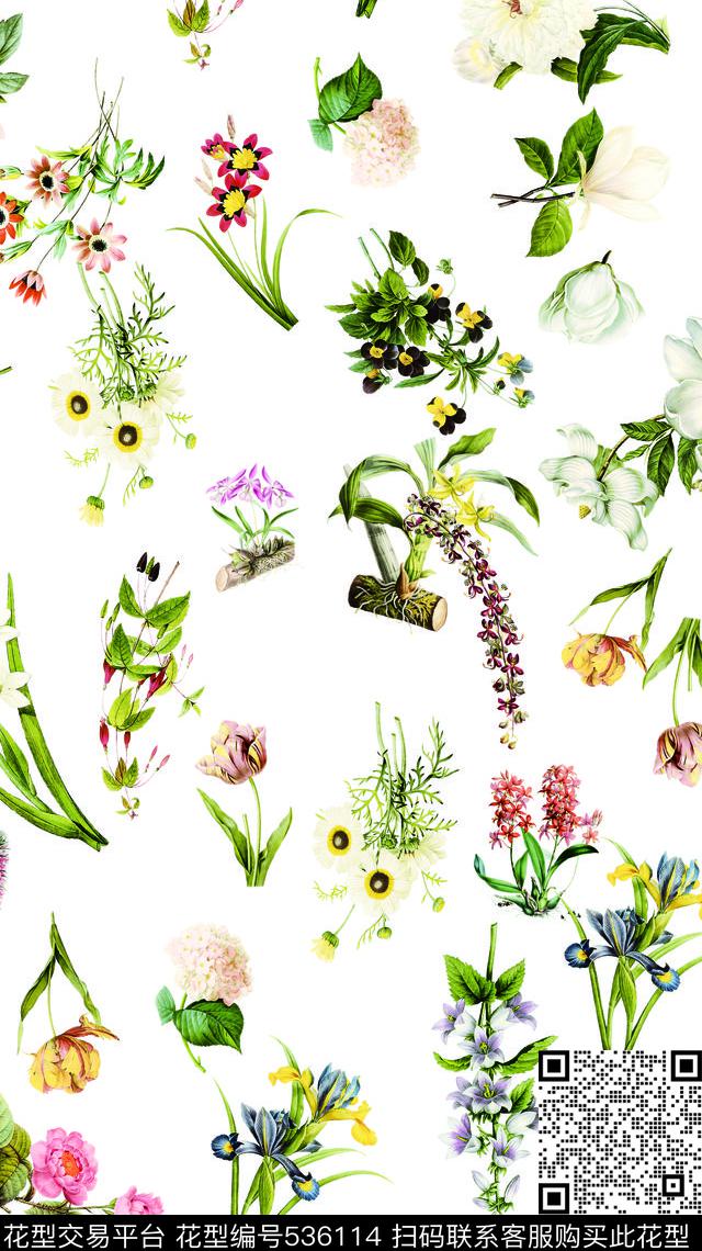 手绘花卉花朵郁金香数码印花华亿平台下载（图片编号: 536114） - 瓦栏（Walan）