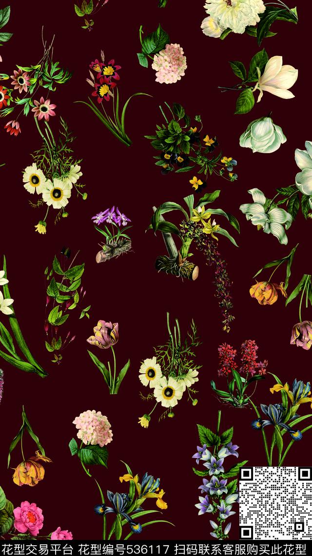 手绘花卉花朵郁金香数码印花华亿平台下载（图片编号: 536117） - 瓦栏（Walan）