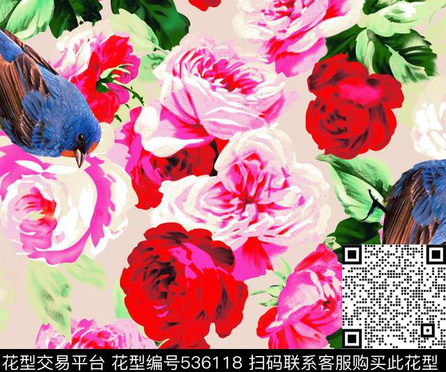 杜嘉班娜印花杜嘉班娜印花牡丹鸟西西里清新花卉男女装印花数码印花华亿平台下载（图片编号: 536118） - 瓦栏（Walan）