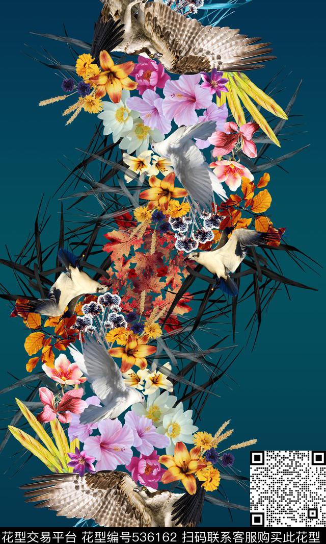 花卉叶子时装定位花鸟数码印花华亿平台下载（图片编号: 536162） - 瓦栏（Walan）