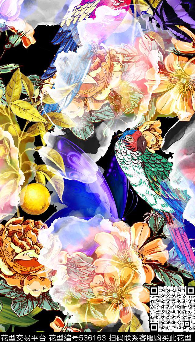 抽象水彩喷溅鹦鹉数码印花华亿平台下载（图片编号: 536163） - 瓦栏（Walan）