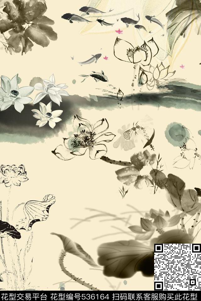 流行时尚中国风水墨数码印花华亿平台下载（图片编号: 536164） - 瓦栏（Walan）