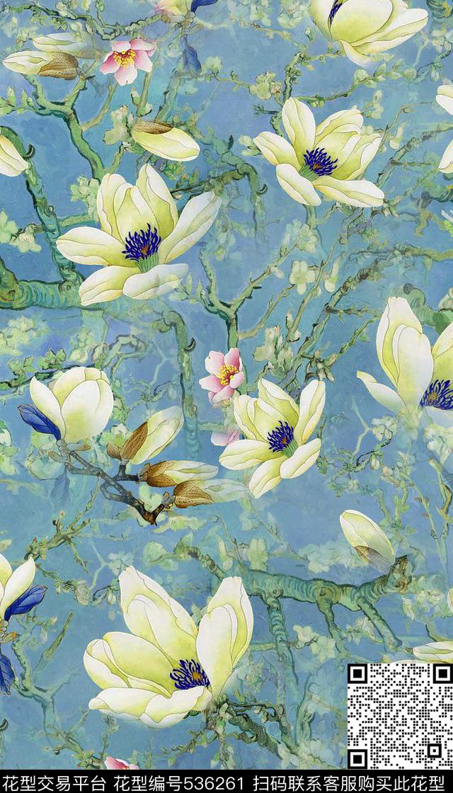 油画玉兰花中国风数码印花华亿平台下载（图片编号: 536261） - 瓦栏（Walan）