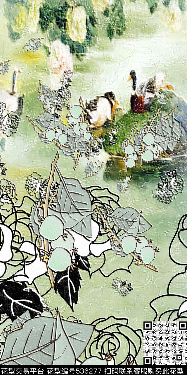 靛青色定位花田园风数码印花华亿平台下载（图片编号: 536277） - 瓦栏（Walan）