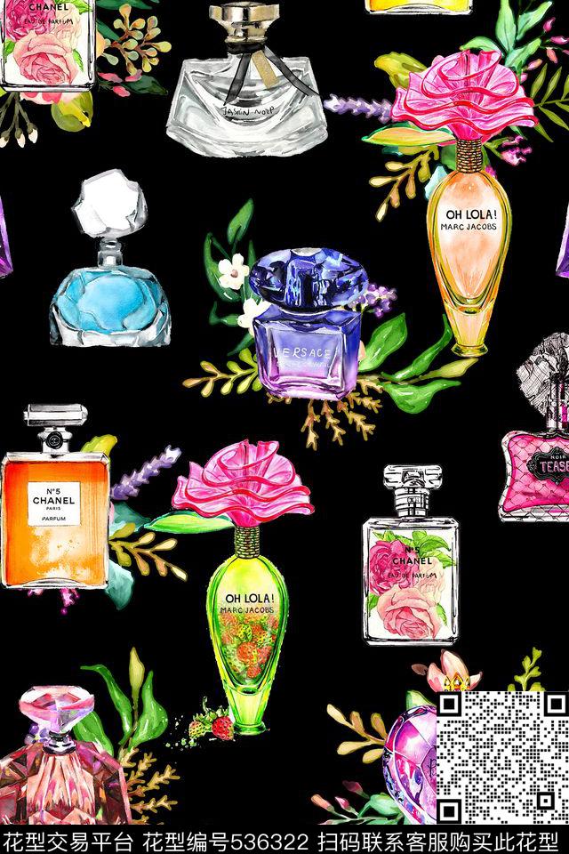 时尚香水瓶花卉数码印花华亿平台下载（图片编号: 536322） - 瓦栏（Walan）
