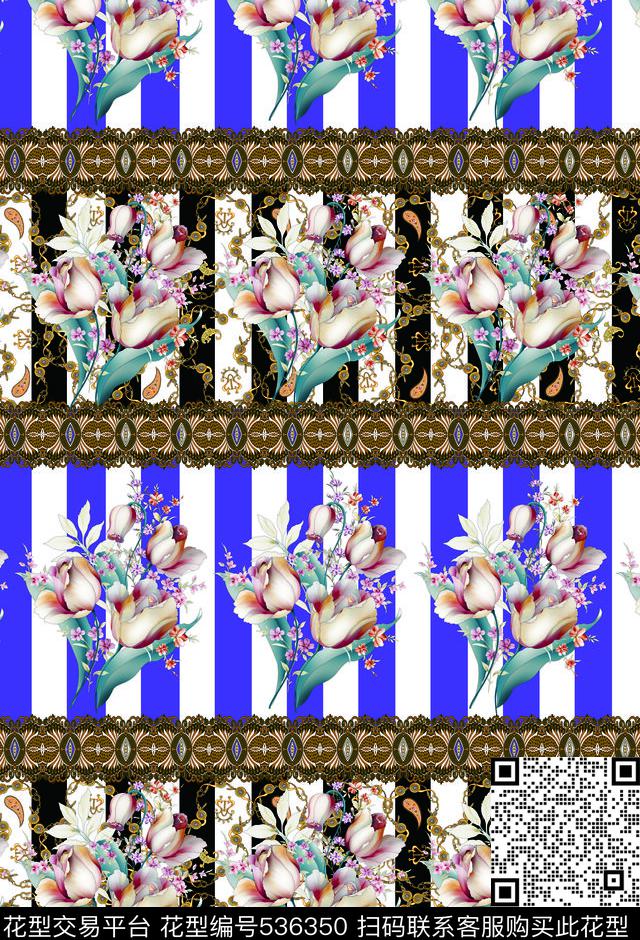 世界风手绘欧美条子手绘花数码印花华亿平台下载（图片编号: 536350） - 瓦栏（Walan）