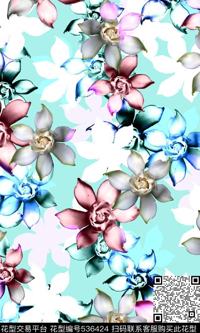 花卉花卉、色块、浅色绚丽花园数码印花华亿平台下载（图片编号: 536424） - 瓦栏（Walan）