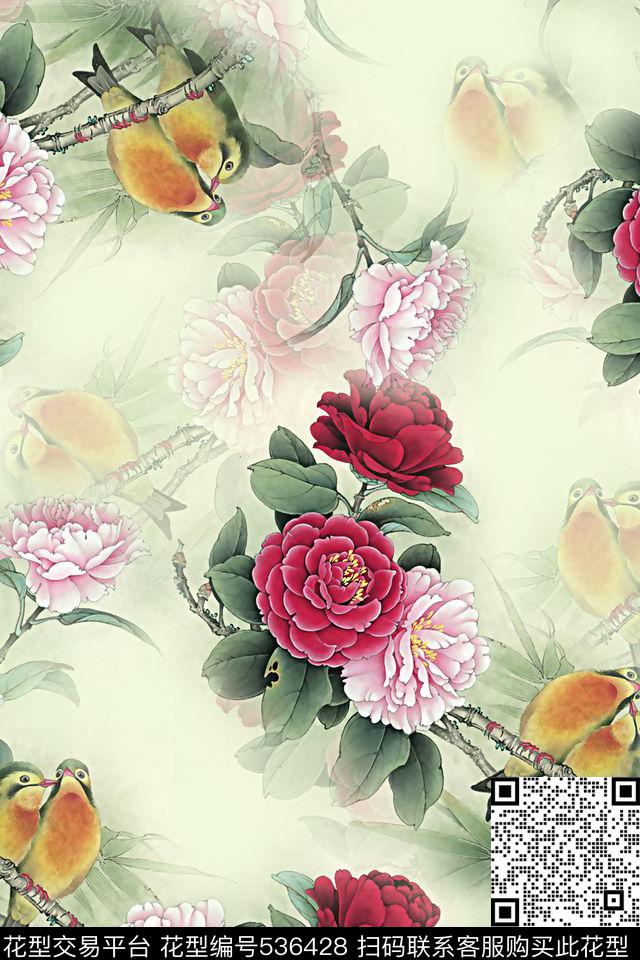 数码茶花鸟儿数码印花华亿平台下载（图片编号: 536428） - 瓦栏（Walan）