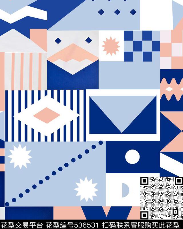 时尚休闲几何混搭浅蓝宝蓝粉色传统印花华亿平台下载（图片编号: 536531） - 瓦栏（Walan）